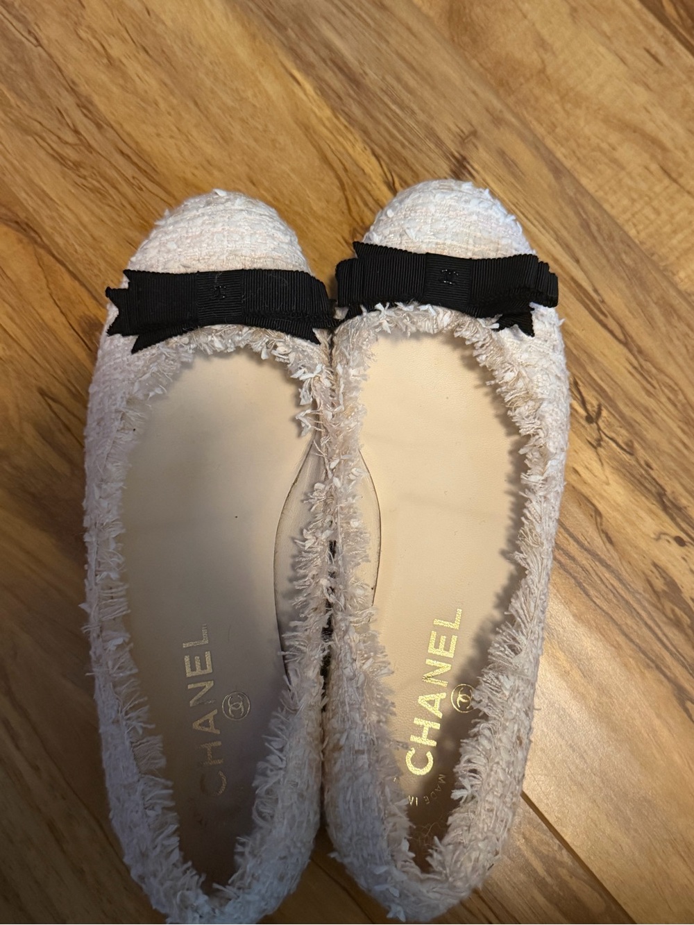 CHANEL Cream Fringe Ballet Flats with Black Grosgrain Bow